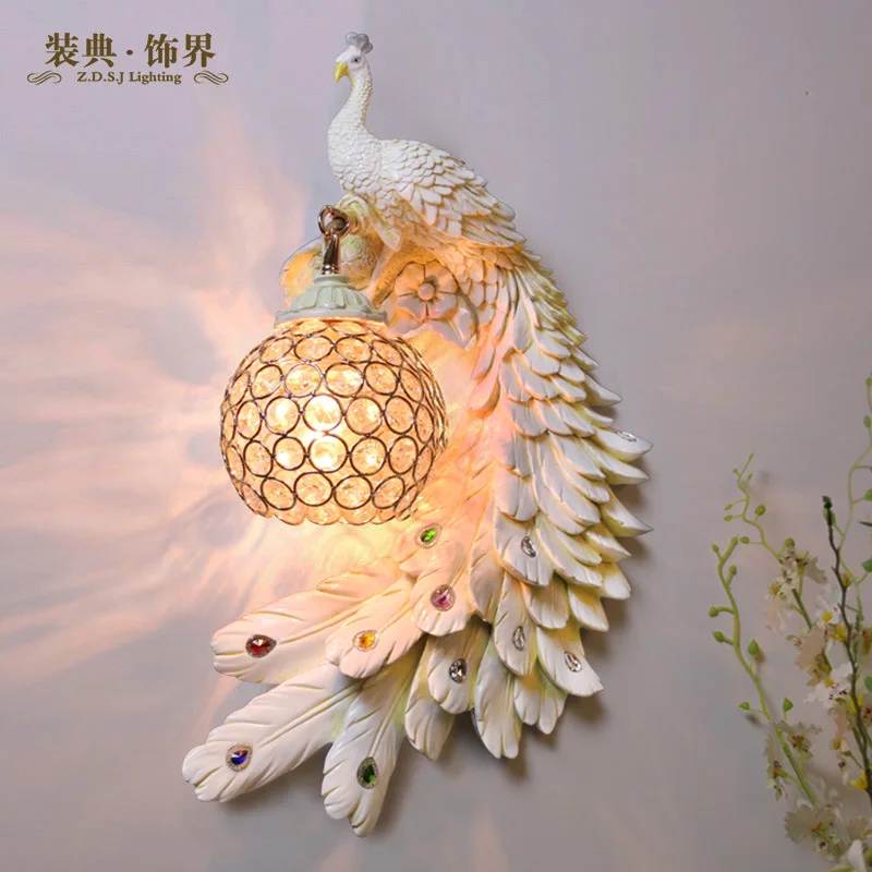 Nordic Retro Dual Color Peacock Wall Lamp Creative Gold White Lamps LED Crystal Metal Light Corridor Decoration