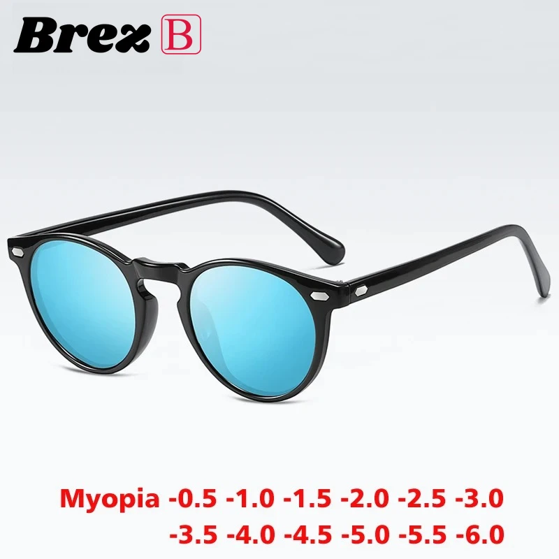 Brez TR90 Men Round Polarized Myopia Sunglasses Women Fashion Goggles Driving Eyewear Custom Prescription Glasses -0.50 to -6.0