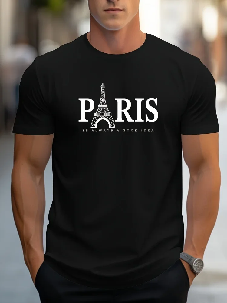 Fashion New Men's Paris Eiffel Tower Printed T-shirt Crew Neck Short Sleeve Travel Casual Streetwear Tops