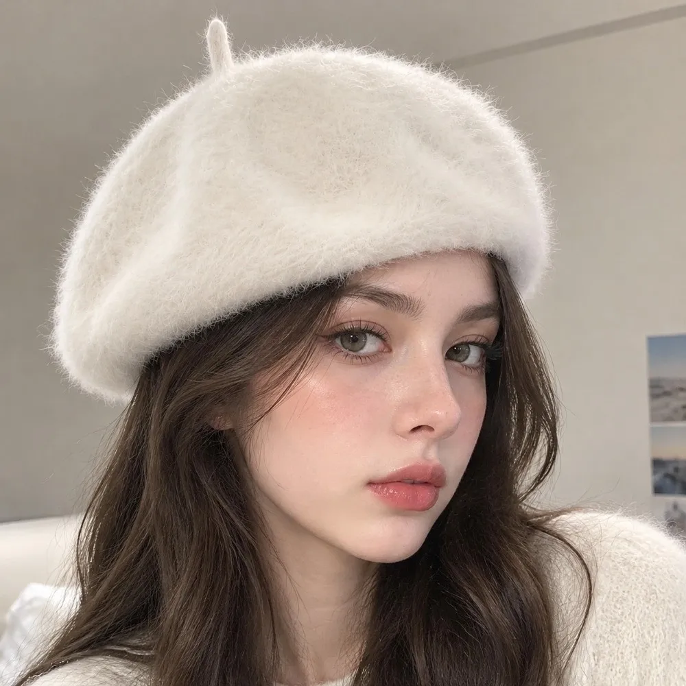 Newsboy Hat Solid Color Faux Mink Beret Soft Furry Pumpkin Painter Cap Thermal Thickened Plush Octagonal Cap Dating