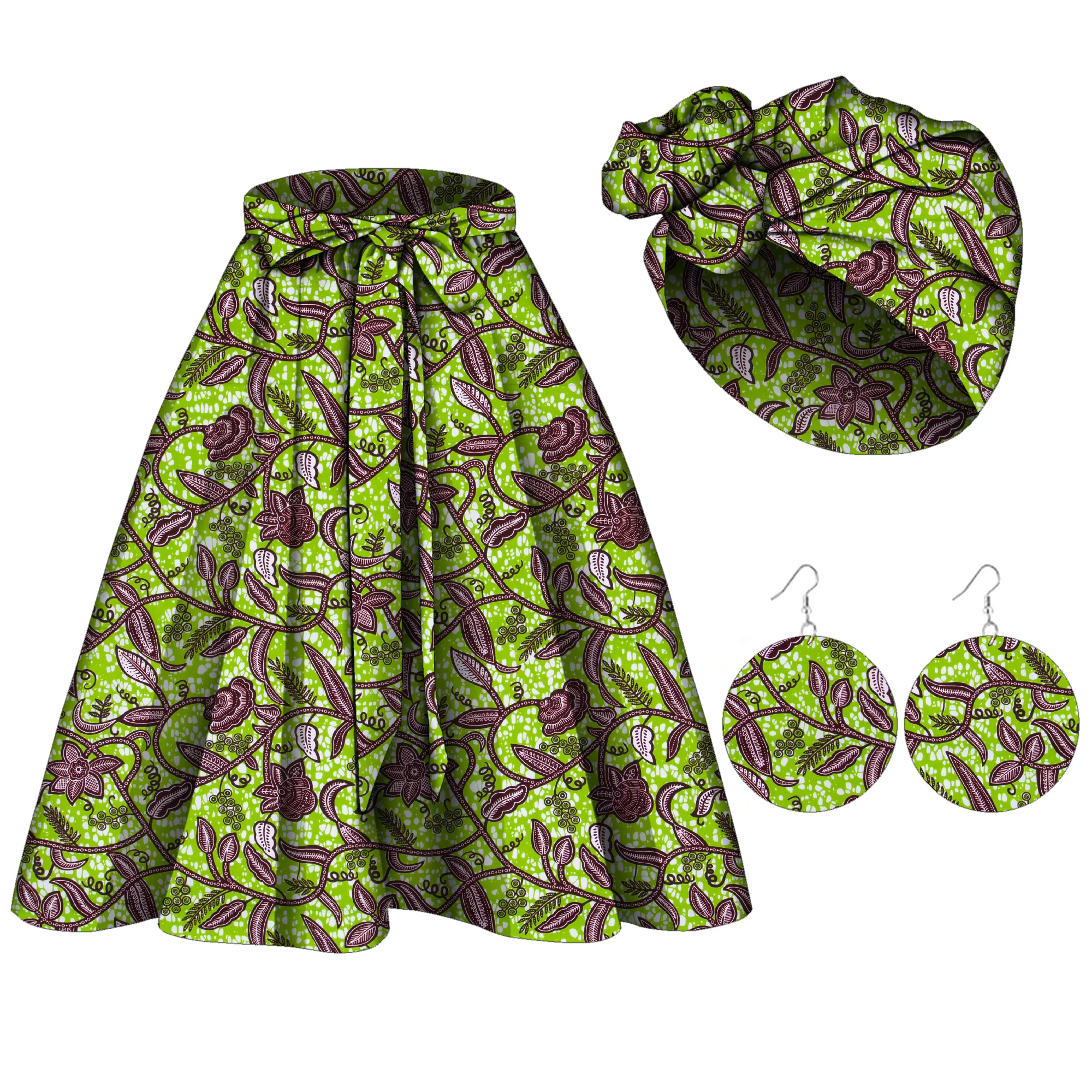 African Women\'s Skirt Headscarf Earrings Combination Fashionable and Versatile Women\'s Clothing WY10505