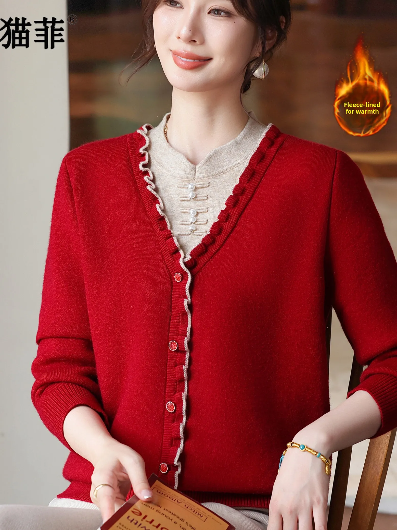 

Новый китайский вязаный свитер для мамы, женский зимний модный базовый слой, красный теплый топ, трикотаж для среднего возраста и ли