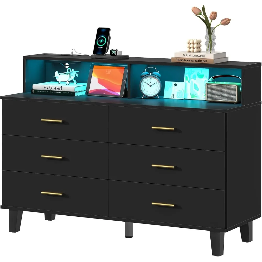 Black Dresser with LED Lights, 6 Drawer Dresser with Power Outlet for Bedroom, Large Wooden Chest of Drawers, Organizer Cabinet