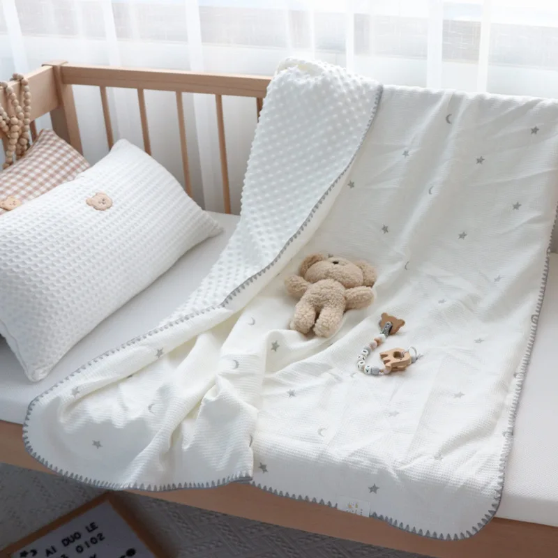 

Детское одеяло с вышивкой медвежонка и звезды вафельного плетения, мягкое уютное детское пеленание с вафельной текстурой, хлопковое вязаное детское одеяло, накидка для новорожденных