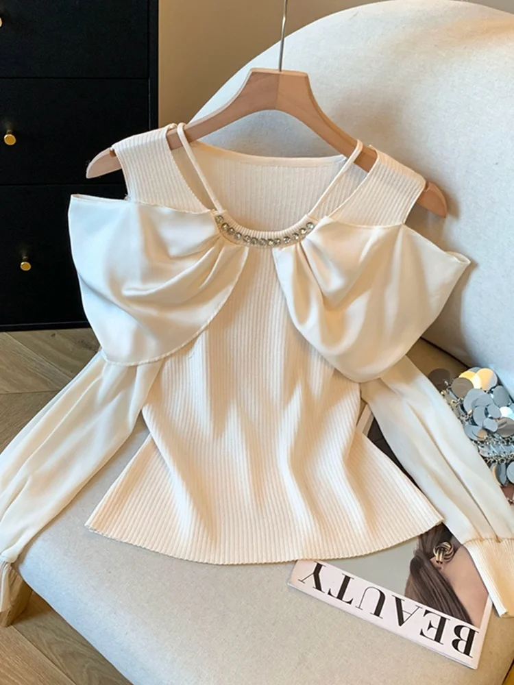 

Korean Sle Lace Splice oulder Bared Knitted Sweater Women Spring New Design Sense One oulder Bow Long Sve Top