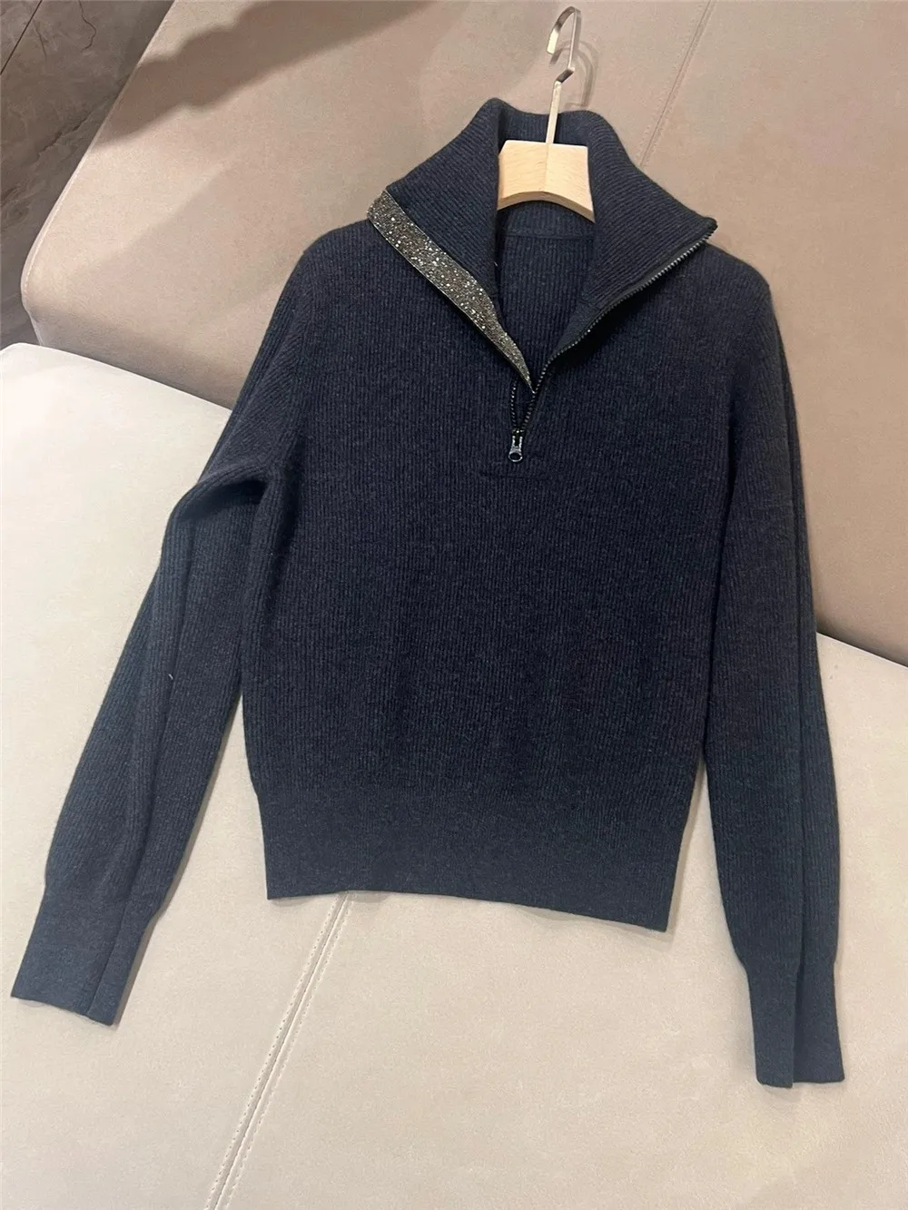 Italy B * C Cashmere Pullover Sweater Elegant Fashion Bead ChainsTurn Down Collar Half Zipper 100% Cashmere Knit Top New