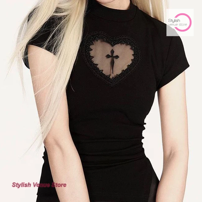 American fashion design sense dark style girl spice girl cross hollow T-shirt female summer new slim casual Joker short top.