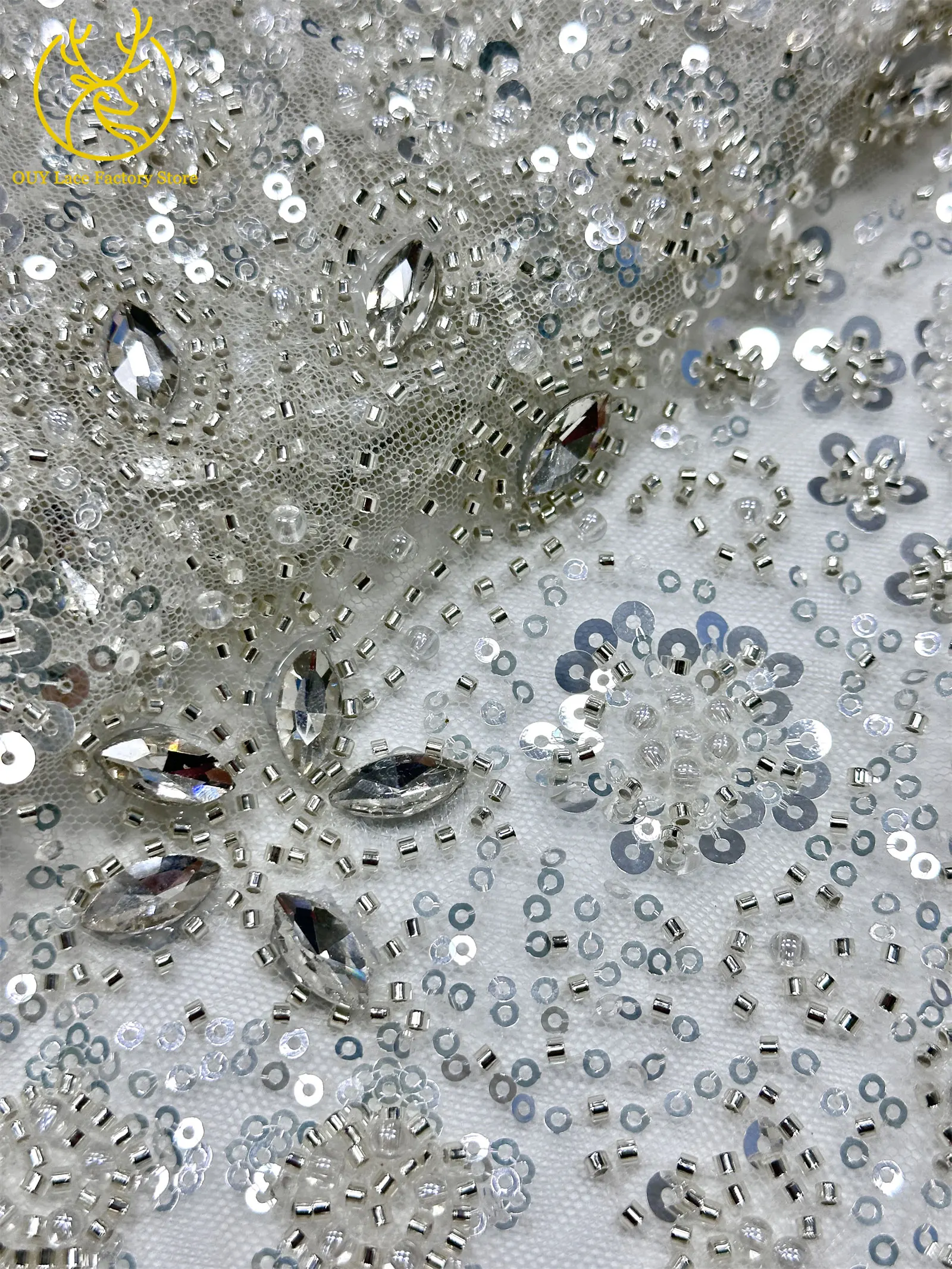 2026 Luxuriöser französischer Mesh-Spitzenstoff mit Perlen und Steinen, marineblau, afrikanischer nigerianischer Edelstein-Pailletten-Spitzenstoff zum Nähen von Hochzeitskleidern – Detail 12