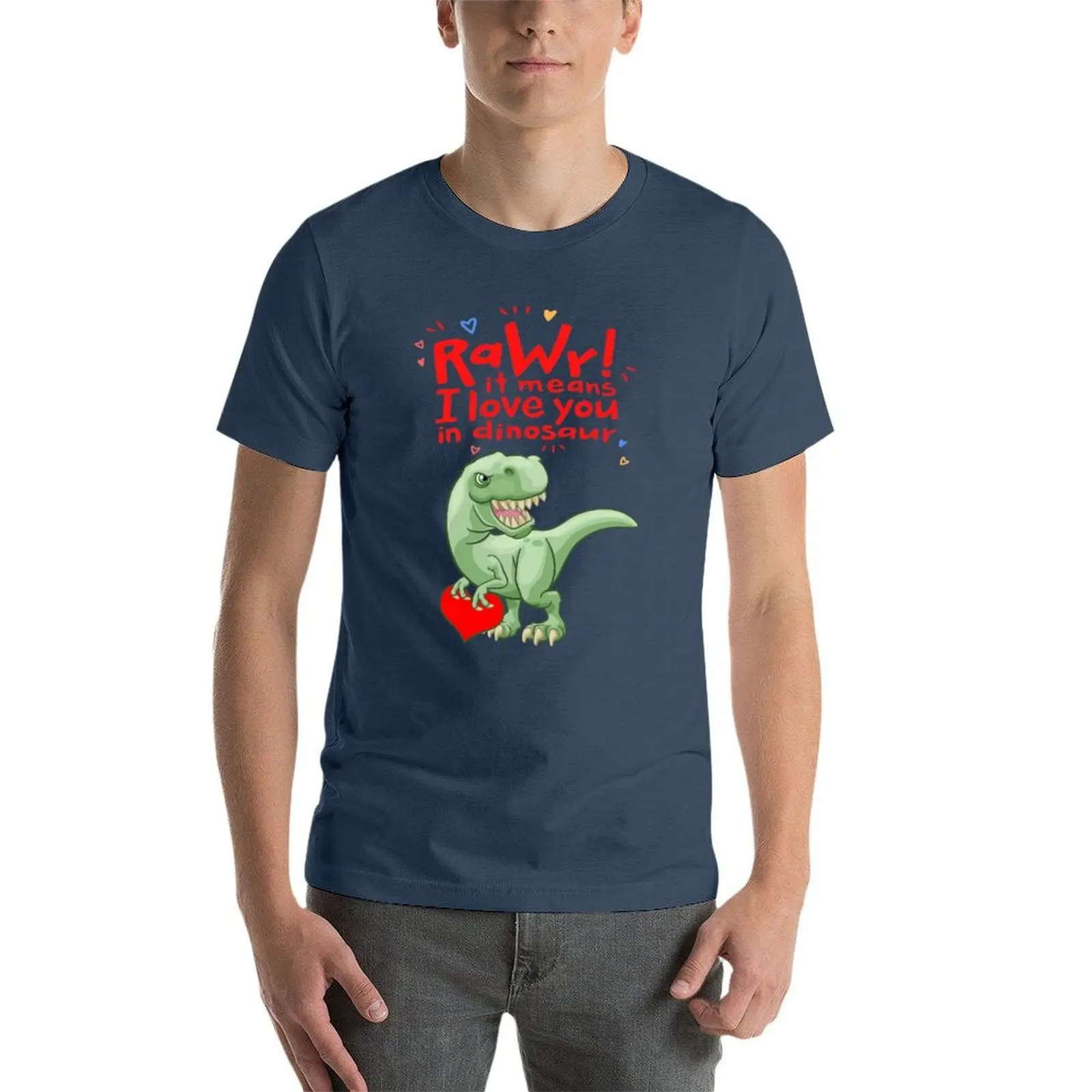 Rawr يعني أنا أحبك في ديناصور عيد الحب تي شيرت رجالي جرافيك تي شيرت تي شيرت للرجل القطن الناعم تي شيرت