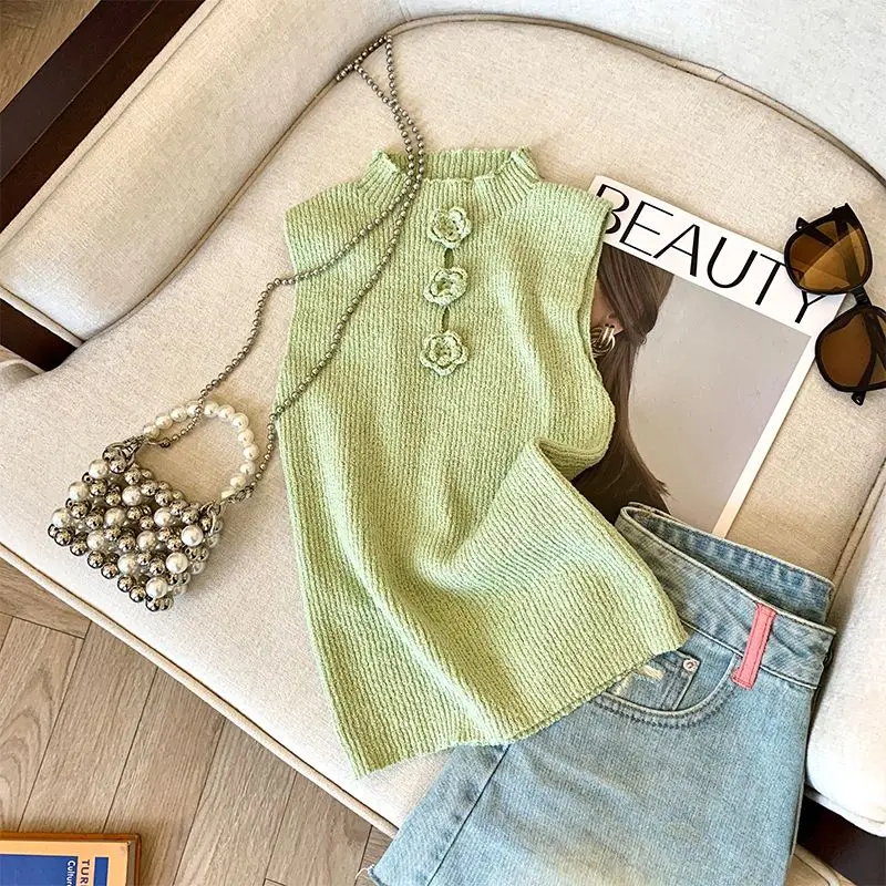 

Женский трикотажный жилет, летний облегающий Топ без рукавов с трехмерными цветами, вязаный крючком Топ