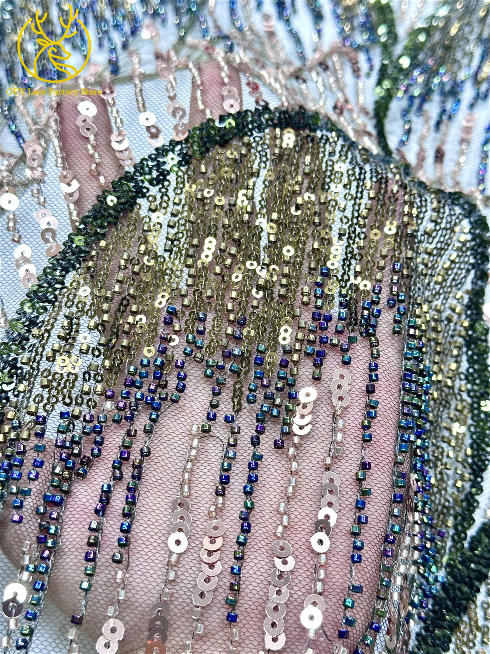5 Yards afrikanischer Perlen-Pailletten-Spitzenstoff, hochwertiger, exquisiter nigerianischer Tüll-Mesh-Spitzenstoff zum Nähen von Hochzeitskleidern – Detail 13