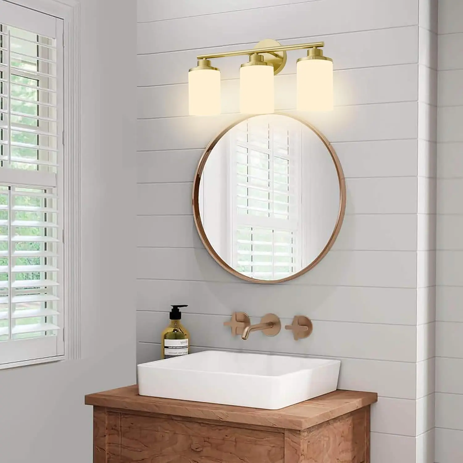 Brushed Gold Bathroom Light Fixtures,3-Light Gold Vanity Lights,Brass Bathroom Lights Over Mirror,Mid-Century Modern Wall