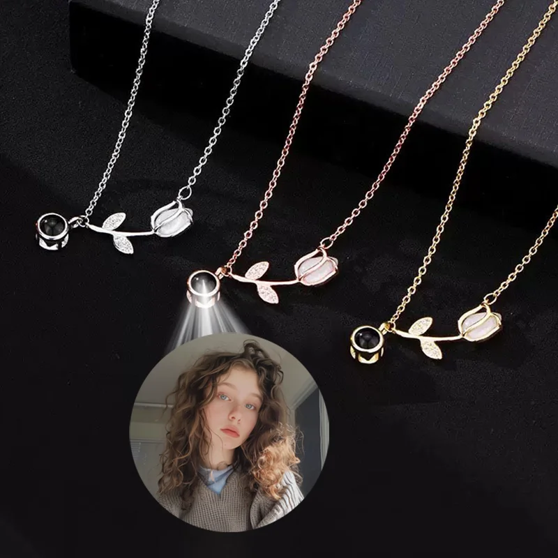 

Custom Color Photo Projection Necklace With Picture Inside Gentle Tulip Pendant For Women Birthday Mother's Valentine's Day Gift
