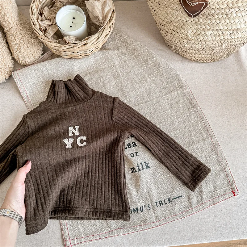 2024 Winter New Baby High Collar Fleece Tees Boys Girls Letter Print Pullover Infant Toddler Long Sleeve Warm Bottoming Shirt