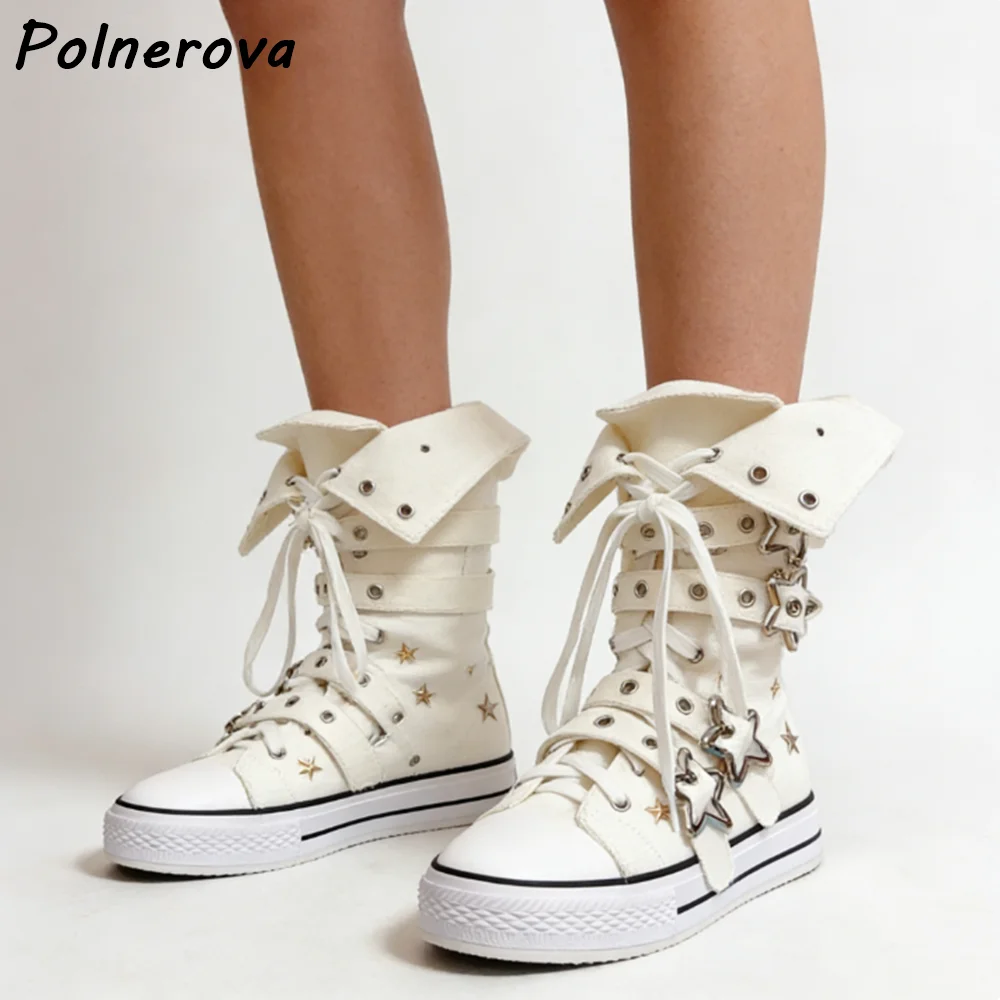Canvas Solid Ankle Boots Five-Pointed Star Multi Metal Buckle Round Toe Flat with Lace Up Shoes Women's Leisure Fashion Shoes