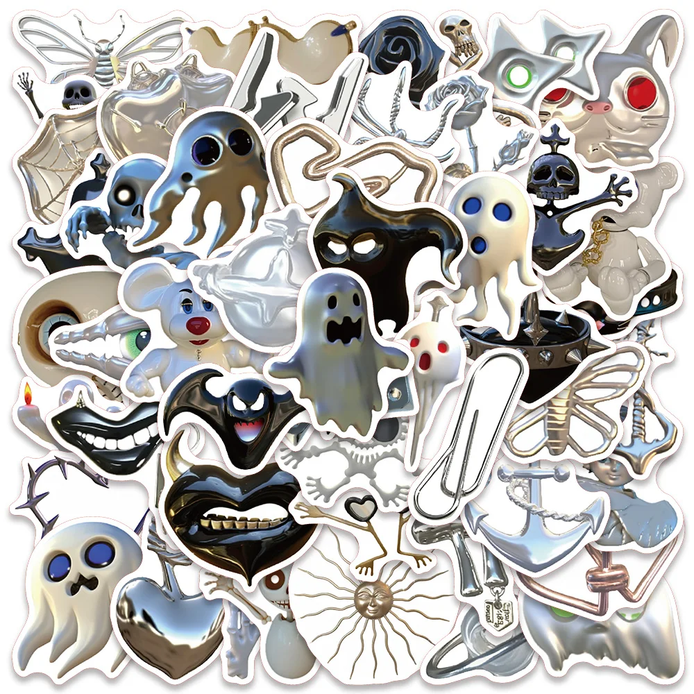 50pcs Cartoon Retro Silver Ghost Sticker Creative Cool Decal For Phone Laptop Helmet Decal Sticker HD PVC (Not easy to fall off)
