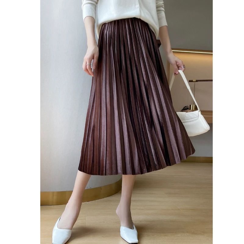 

High-grade Velvet A-line Skirt Women's Mid-Length Pleated Skirt Spring and Summer New High-waisted Slim Knit Skirt