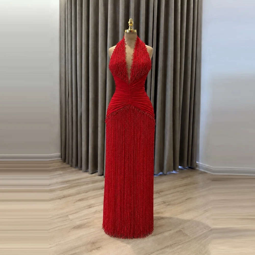 Customizd Halter V-neck Pleated Luxury Tassel A‑line Evening gowns Prom dress Floor‑length Red Elegant Women's dresses
