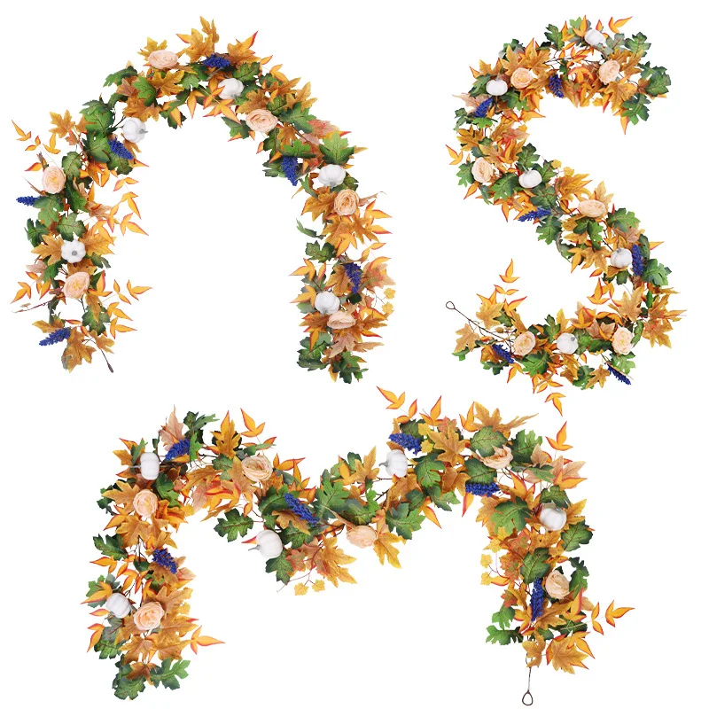 Juego de flores artificiales para Festival de otoño, rosas de vid de calabaza de seda con tallos de arroz y hojas de arce, decoración de pared para fiesta de Halloween, 1 ud.