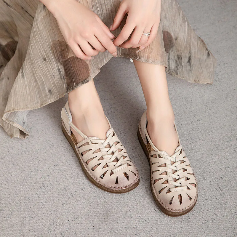 XMWRLW 2026 Summer Women Flat Sandals Genuine Leather Ladies Handmade Shoes Retro Style Women Summer Sandals Flat Shoes Sandal