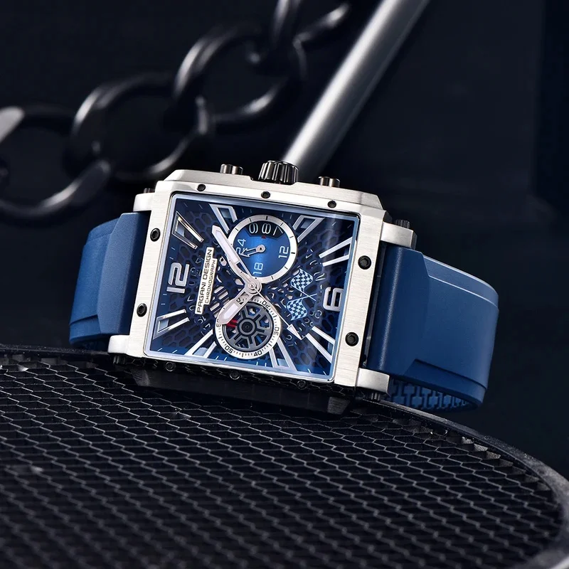 PAGANI DESIGN PD-1725 Square Chronograph Watch For Men, Blue Hollow Dial Racing Flag Design Quartz Watch, Silicone Strap