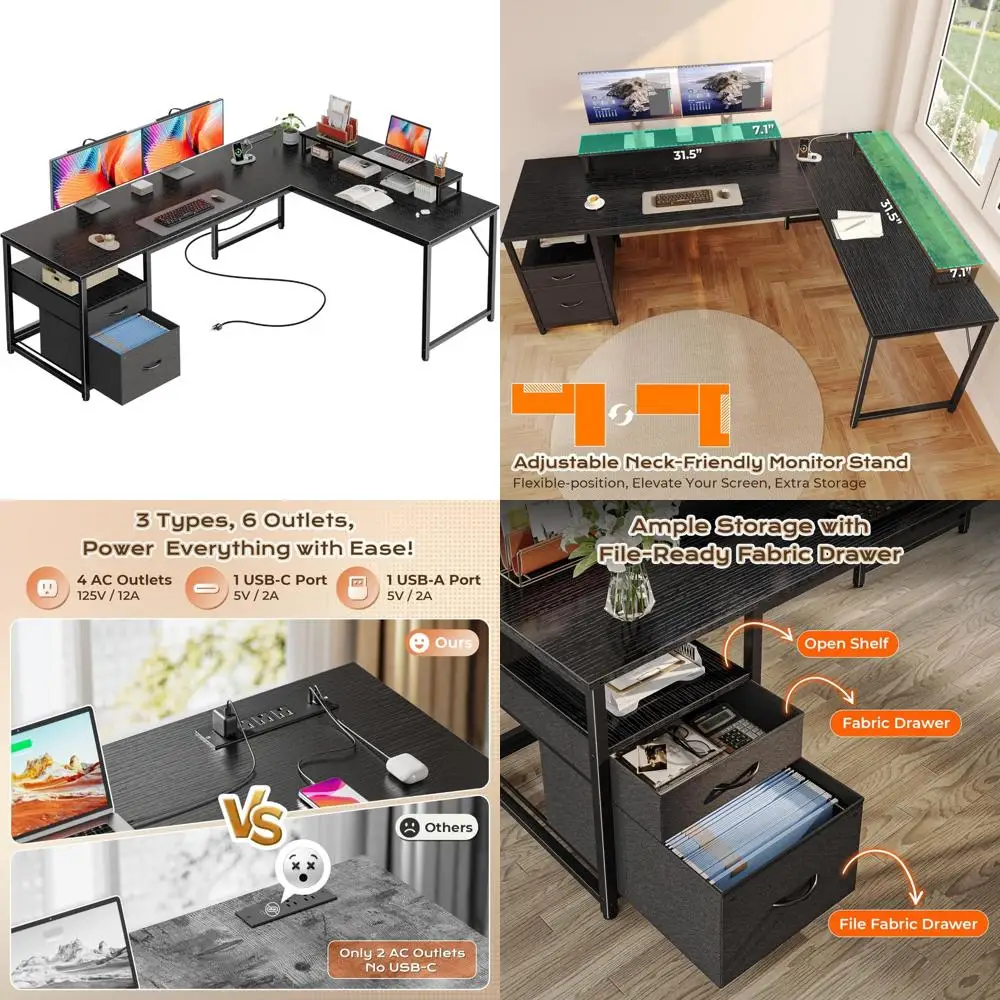 63 Escritorio grande en forma de L con puertos de alimentación y USB-C, escritorio moderno de oficina en casa con cajones de almacenamiento para configuración de computadora