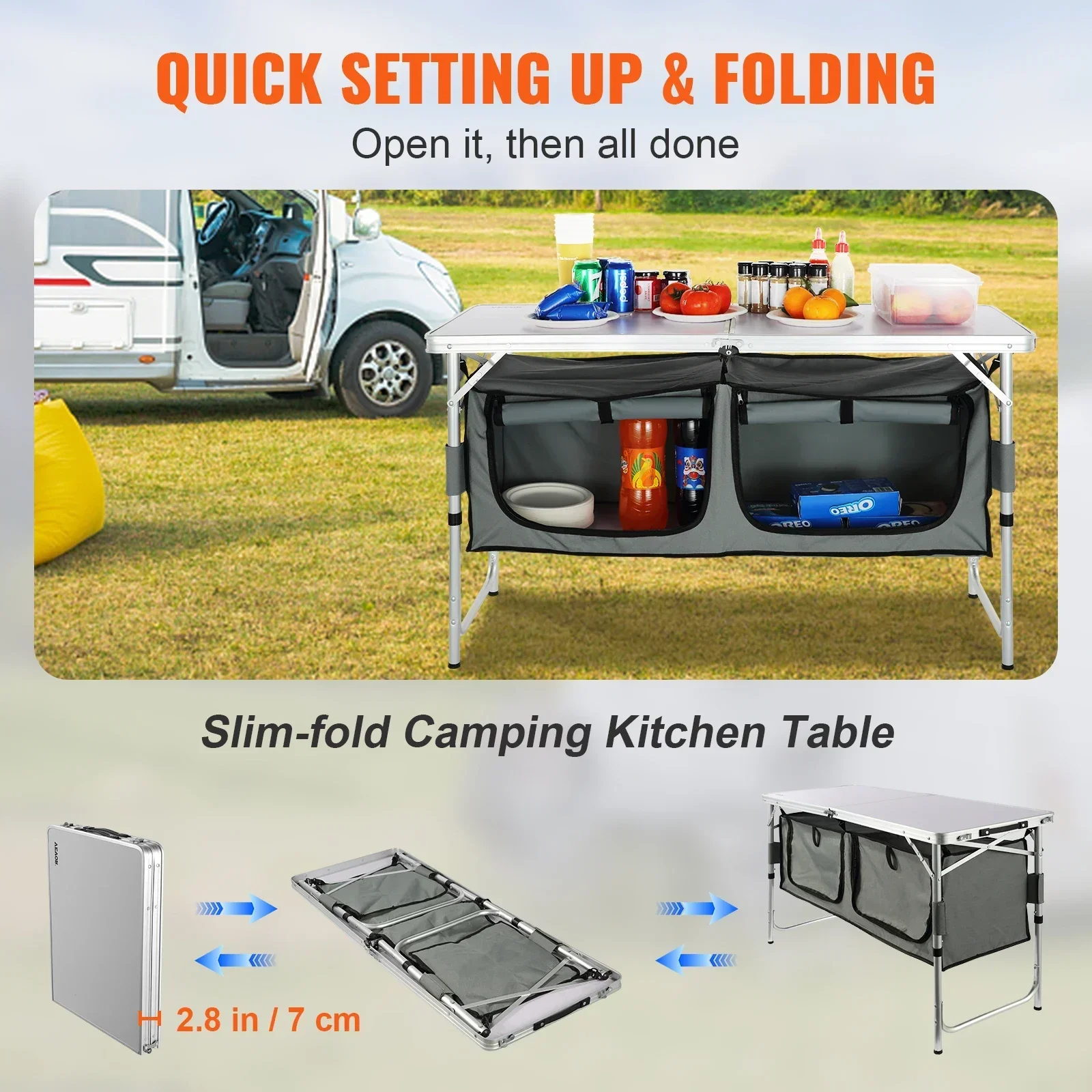 VEVOR Camping Kitchen Table, Quick Folding Camping Table,3 Adjustable Heights,  for Outdoor Picnics, BBQs, Camping RV Traveling