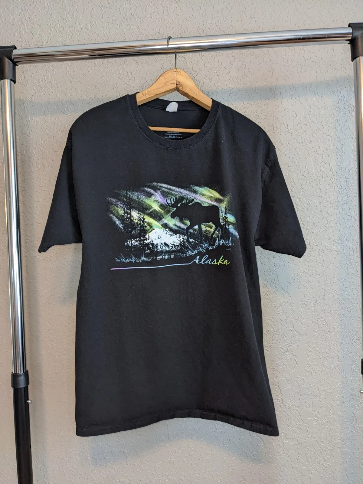 Camiseta vintage con gráfico de la naturaleza en negro de los años 2000, Alaska Moose Northern Lights, talla grande