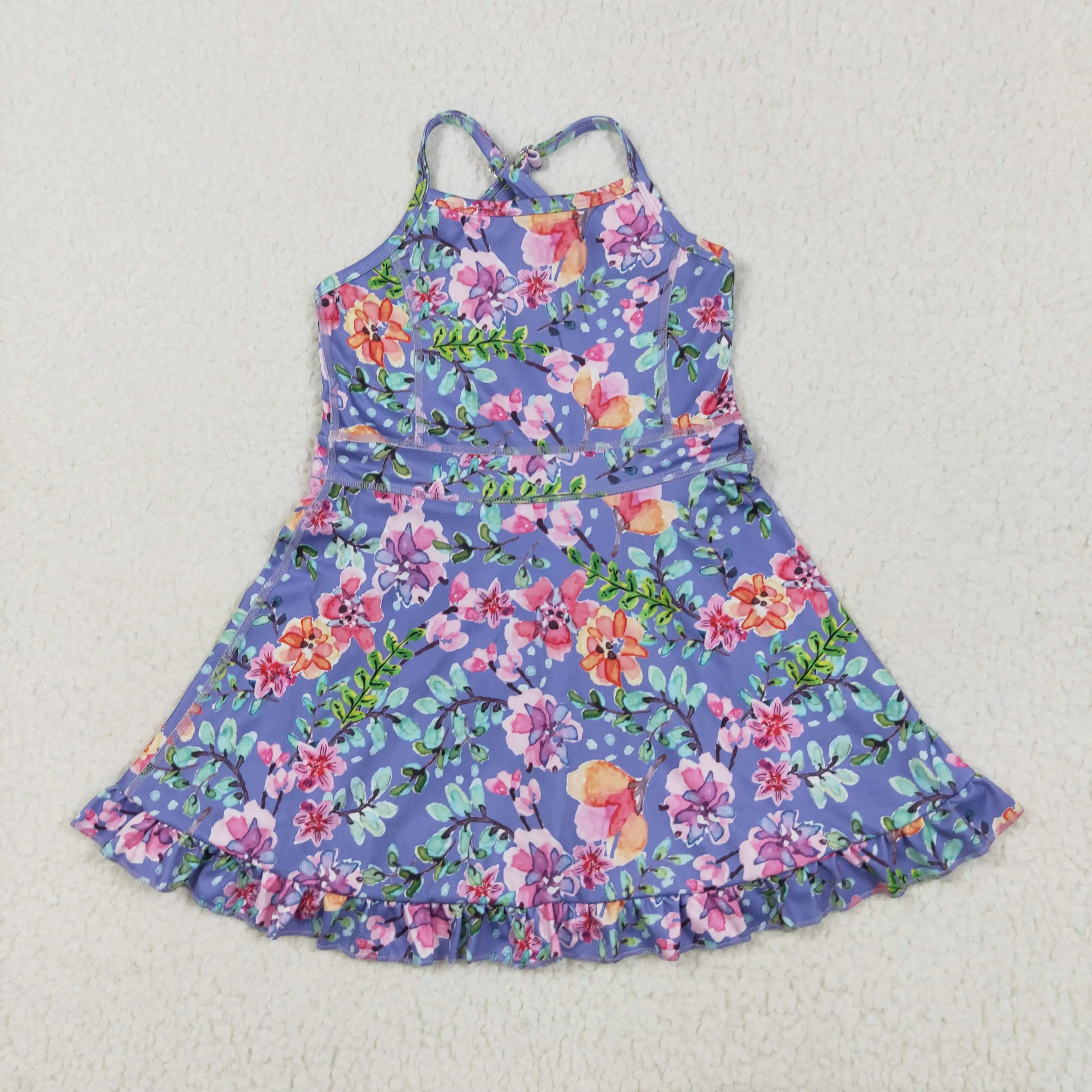 New Best-Selling Baby Girls Strap Floral Ruffle Yoga Active Wear Dresses 3-6m up to 8-9Years Summer Knit Knee Length Dress
