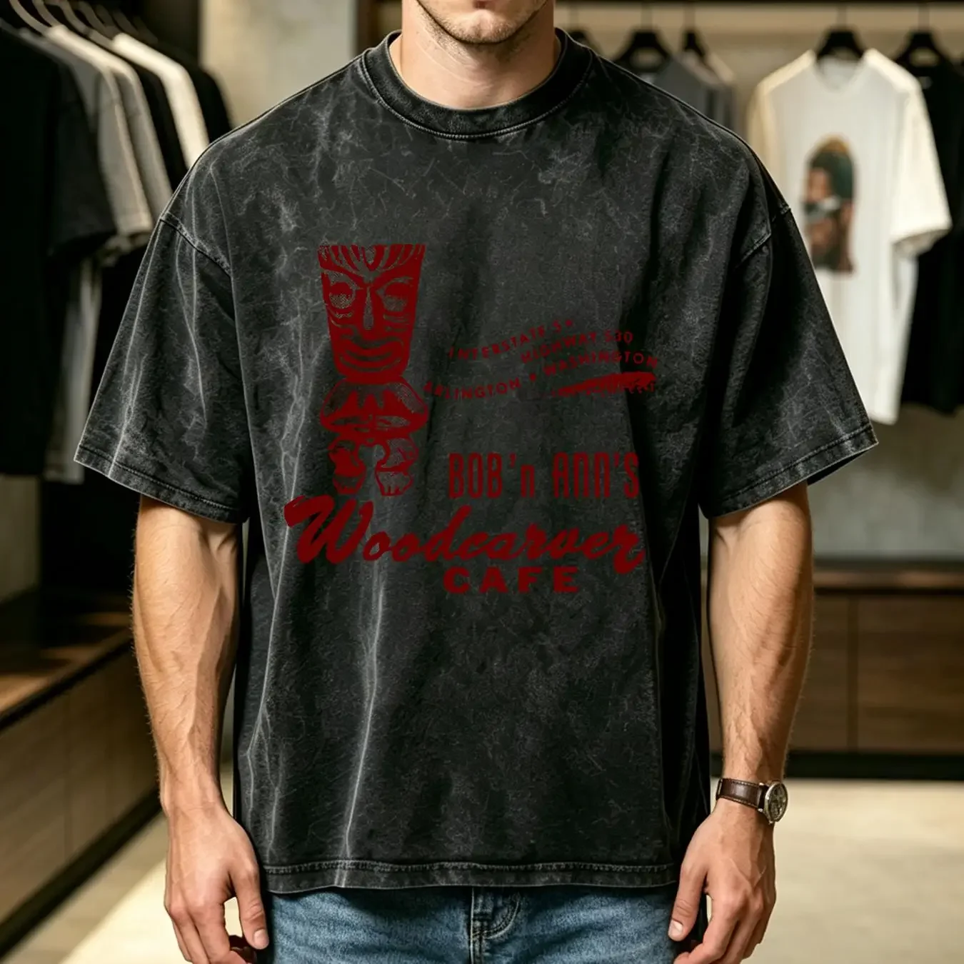 washed T Shirt Retro Tiki Art Bar Mug Restaurant Polynesian Woodcarver Cafe WA vintage Washed Casual Comfortable streetwear