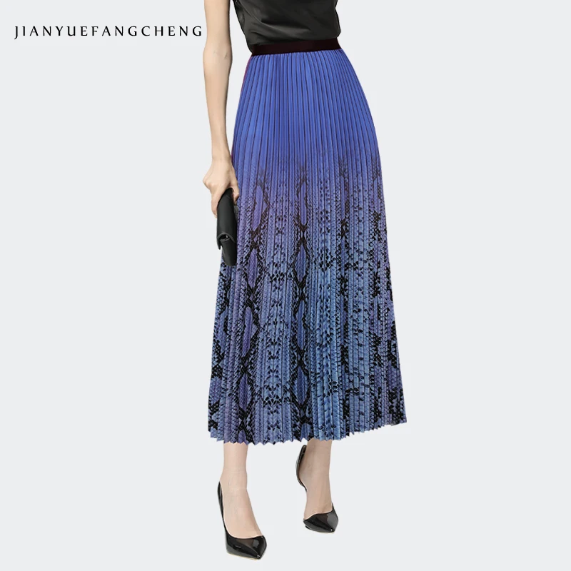 Womens Mid-length Pleated Skirts Gradient Snake Skin Printed Elastic Waist A-line Elegant Flowy Spring Summer Trendy Bottoms