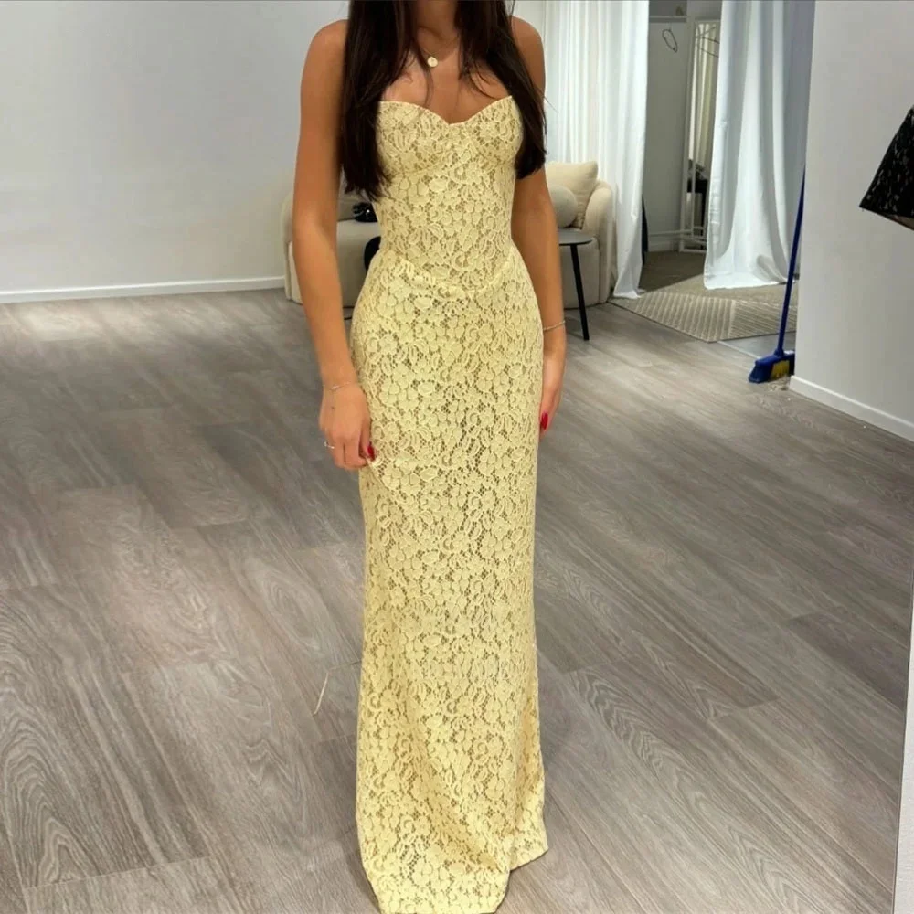 

Yellow Sweetheart Lace Long Bespoke Occasion Gown Evening Dresses Prom Pastrol Unisex Jersey Retro Dubai Saudi Arabic Customized