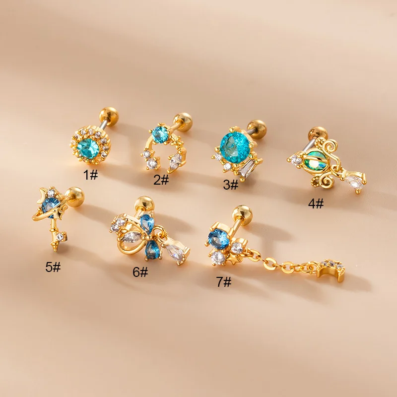 1PC Blue Zircon Dangle Cartilage Earrings For Women 20G Stainless Steel Gold Color Ear Conch Helix Snug Screw Back Earring Stud