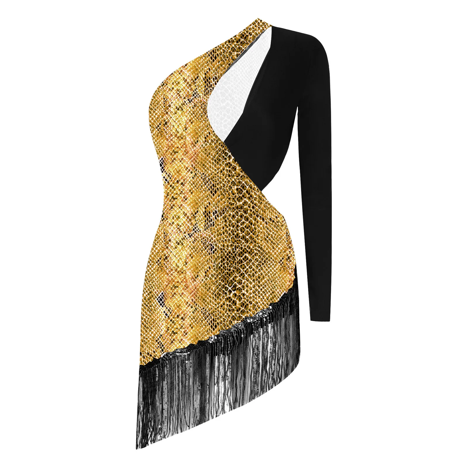 

Adults Women Stylish Latin Dance Dress Rhinestones One Shoulder Tassel Hem Dress for Chacha Latin Tango Dance Performance Outfit