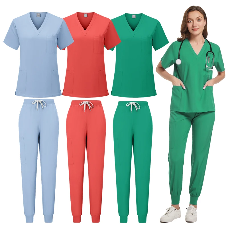 Women Medical Uniforms Slim Fit Scrubs Sets Tops Straight Pant Nurses Accesssories Dental Clinic Beauty Salon Workwear Clothes