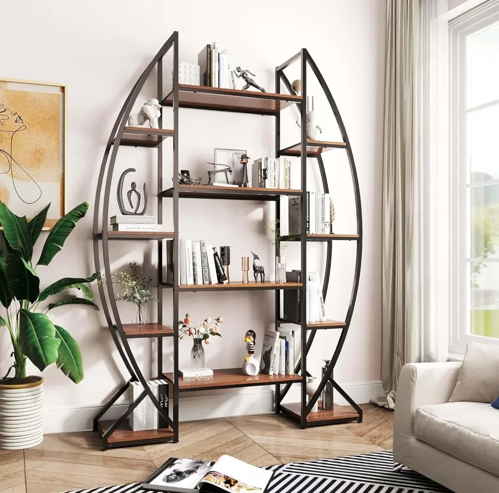 

Oval Bookshelf 5 Tier Industrial Bookcases, Free Standing Tall Bookshelves Storage for Books, Farmhouse Wood and Metal Display