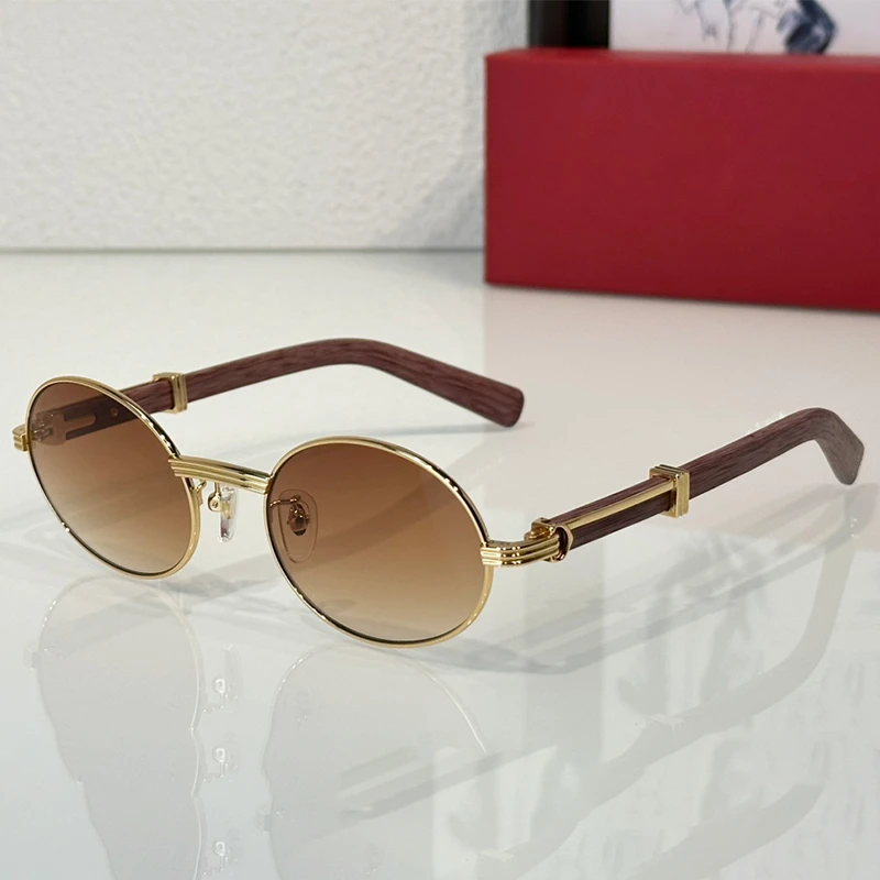 

0274 Wooden Arm Fashion Round Alloy Sunglasses Handmade Classical Uv400 Outdoor Ladies and Men Designer Retro Eyeglasses