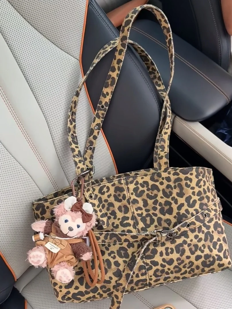 

White Tiya High Faion Leopard Print Canvas Belt Decorated Large Capaci Handheld Underarm Bag Simple Versatile Daily Use