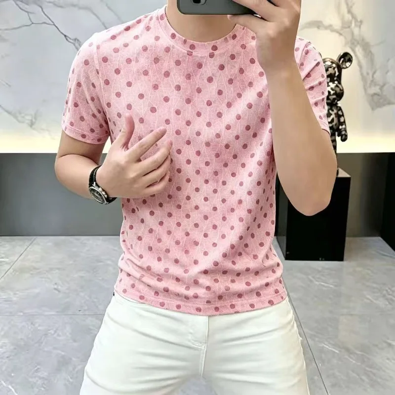 Summer Fashion Polka Dot Printed T-shirt for Men Mesh Stretch Breathable Casual T-shirt Versatile Social Street Wear T-shirts
