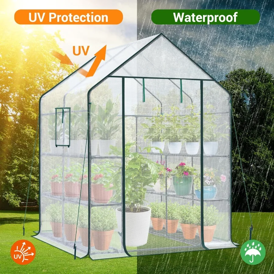 Ohuhu Outdoor Greenhouse with 3 Tiers and 12 Shelves: Heavy Duty Reinforced Plastic PE Cover Walkin Indoor Plant Stand for Gard