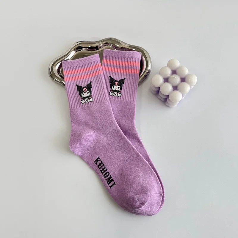 Kawaii Cute Sanrio Kuromi Cotton Socks Cartoon Women Mid-Tube Socks Purple Trend Socks Soft Breathable Sweet Girls Crew Socks