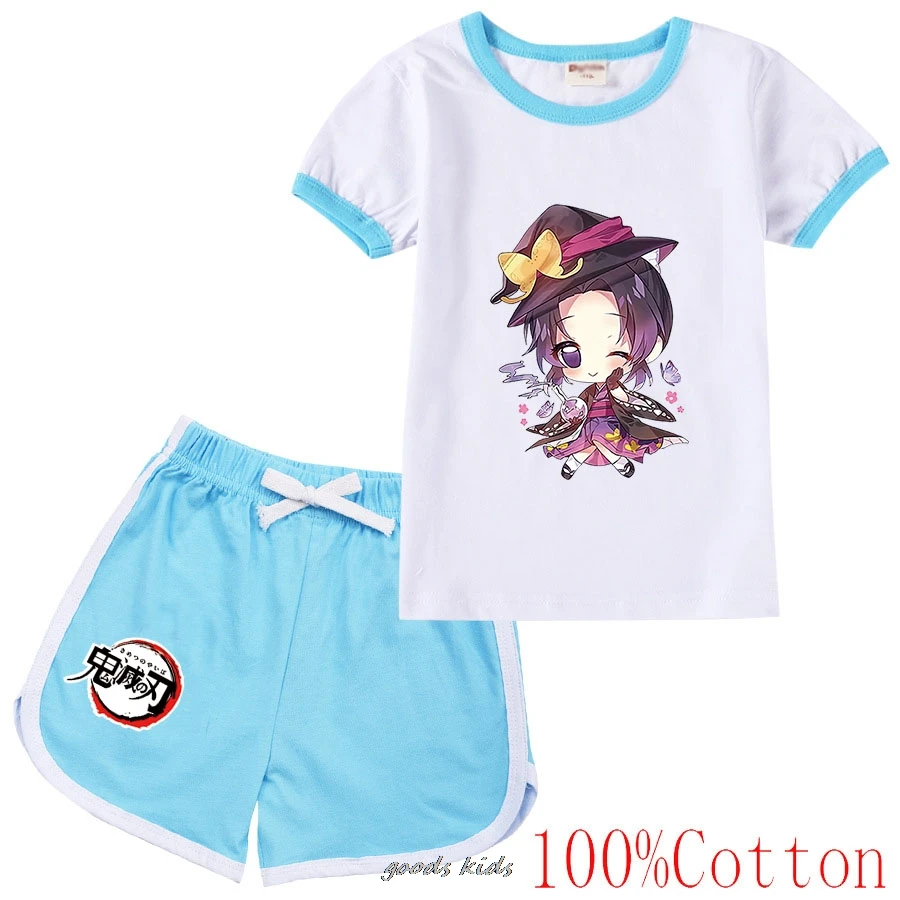 Hot Demon Slayer Set di t-shirt girocollo in cotone per bambini estivi adatto a ragazzi e ragazze di età compresa tra 2-15 Set di pantaloncini Casual e comodi