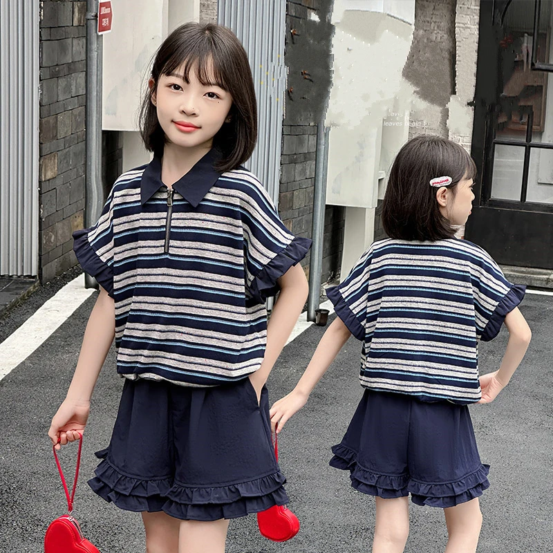 

Kids Short Sleeve Polo Summer Suits for Girls Summer Top and Bottom Set Stylish Children Casual Striped 2 Pieces Clothing Set
