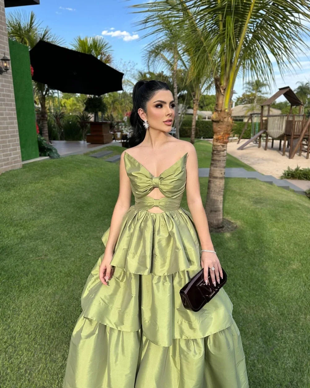 Cathy Customized Olive Green Bow Cut-out Prom Dress Tiered Ruffle A-line vestidos de noiva Zip Back Floor-length Formal Evening