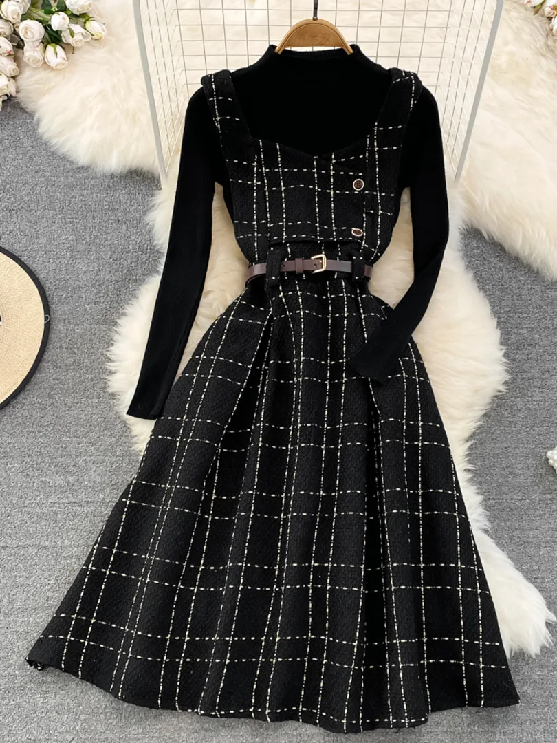 Foamlina Autumn Winter Women 2 Piece Set Black Stand Neck Long Sleeve Pullover Sweater Top + Plaid Tweed A-line Midi Dress Suits