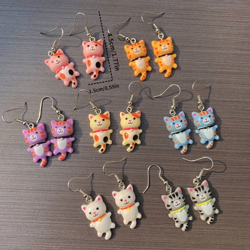 1Pair/3Pairs Cute Bell Spotted Cat Drop Earrings For Women Friend Cartoon Lovely Colored Kitty Animal Pendant Earring Jewelry