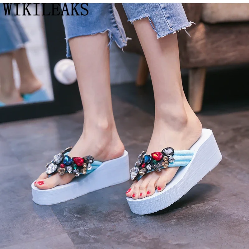 diamond slides summer flip flops women rhinestone slippers platform shoes glitter slides wedge slippers womens slippers outdoor