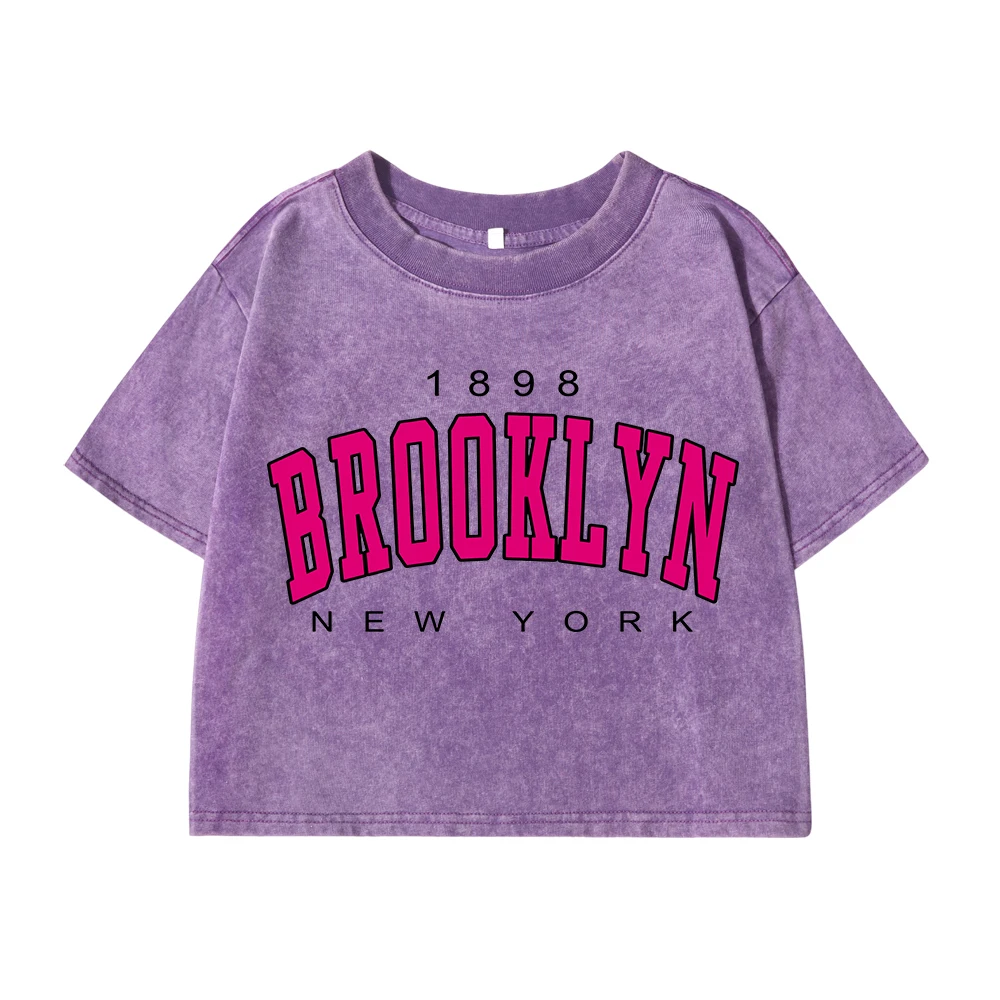 Womans Cotton Crop Tops Fashion Distressed Regular Fit Washed T-Shirts Brooklyn, New York Printing Tees Street Female Clothes