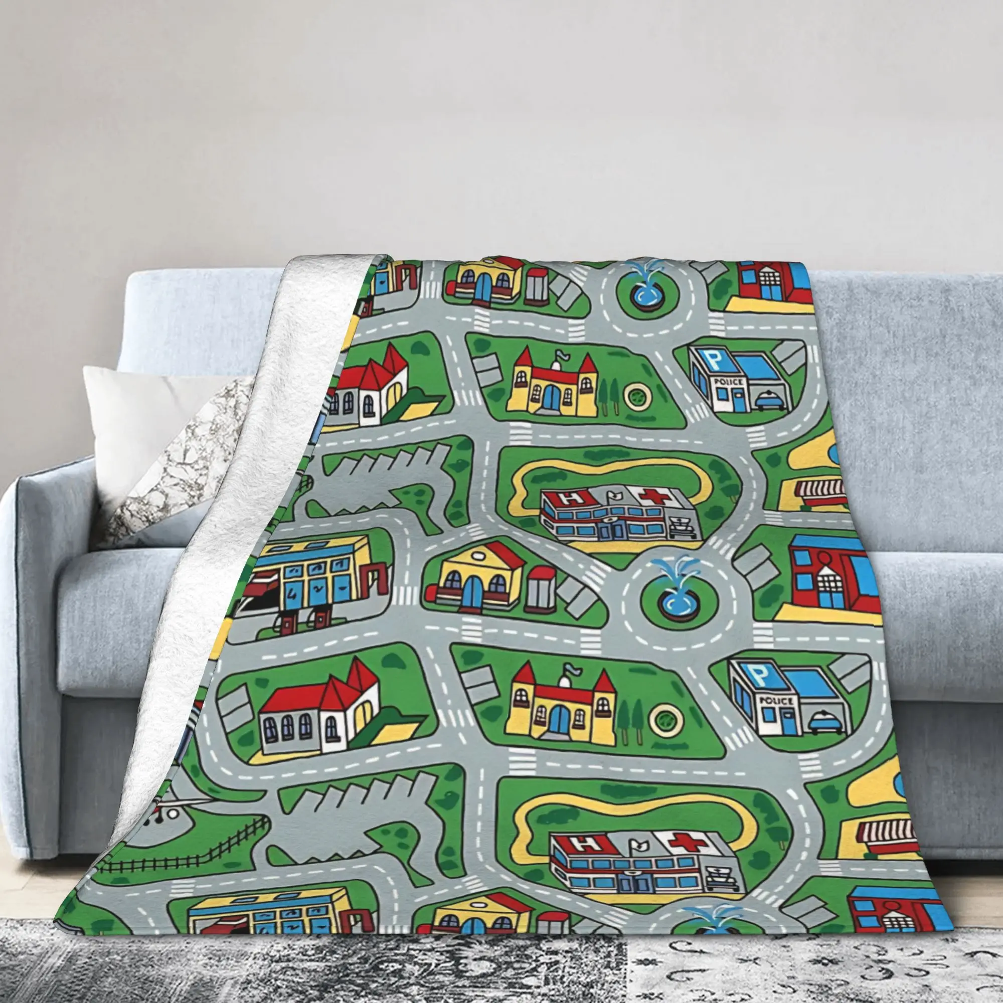 Car City Carpet Road Rug 90s Nostalgic Toy Road Traffic  Blanket Cover Coral Fleece Plush  Warm Throw Blanket Bedspread
