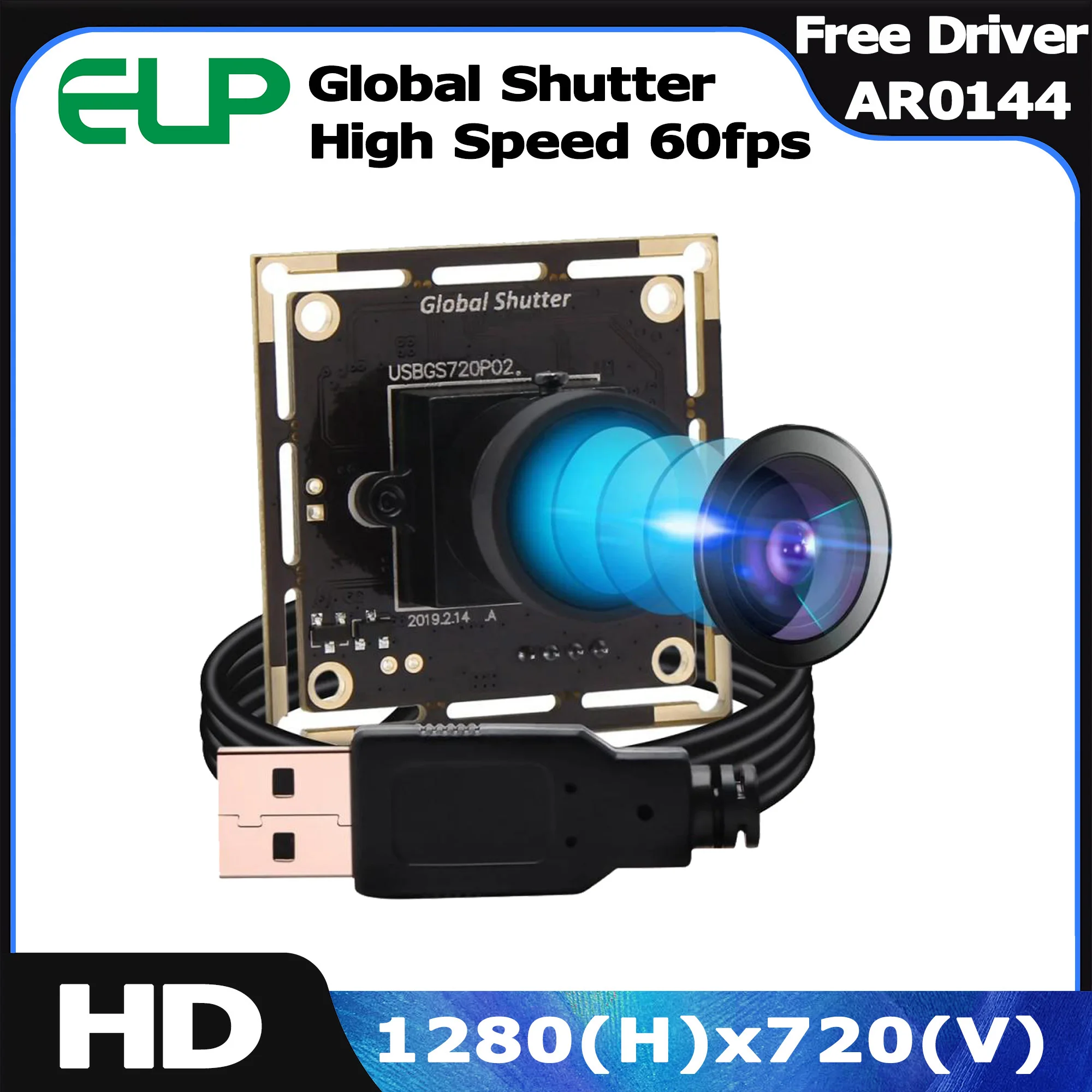 ELP 720P HD Global Shutter USB Camera Module High Speed 60fps Color/Monochrome Webcam AR0144 UVC Plug and Play Industrial Camera